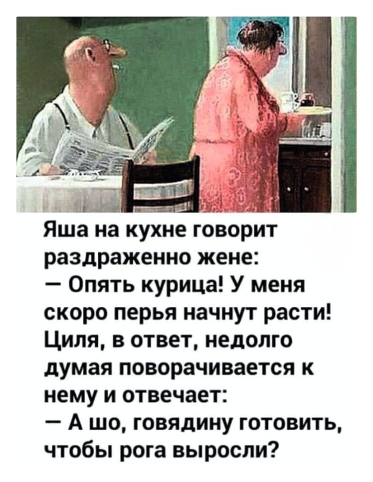 Яша на кухне говорит раздраженно жене: — Опять курица! У меня скоро перья начнут расти! Циля, в ответ, недолго думая поворачивается к нему и отвечает: — А шо, говядину готовить, чтобы рога выросли?