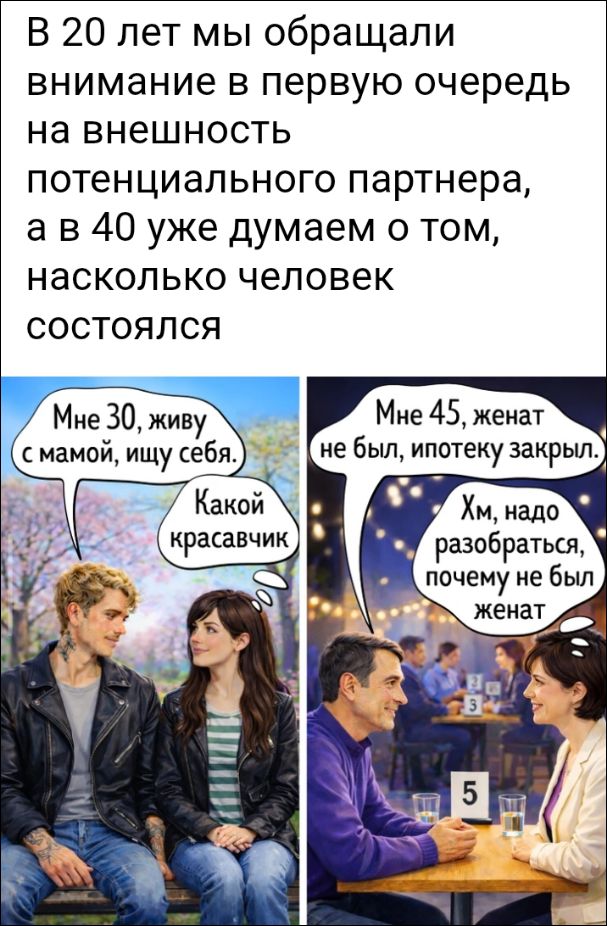 В 20 лет мы обращали внимание в первую очередь на внешность потенциального партнера, а в 40 уже думаем о том, насколько человек состоялся

Мне 30, живу с мамой, ищу себя. Какой красавчик

Мне 45, женат не был, ипотеку закрыл. Хм, надо разобраться, почему не был женат