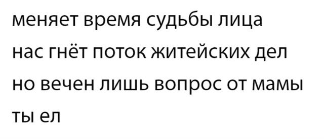 меняет время судьбы лица
нас гнёт поток житейских дел
но вечен лишь вопрос от мамы
ты ел
