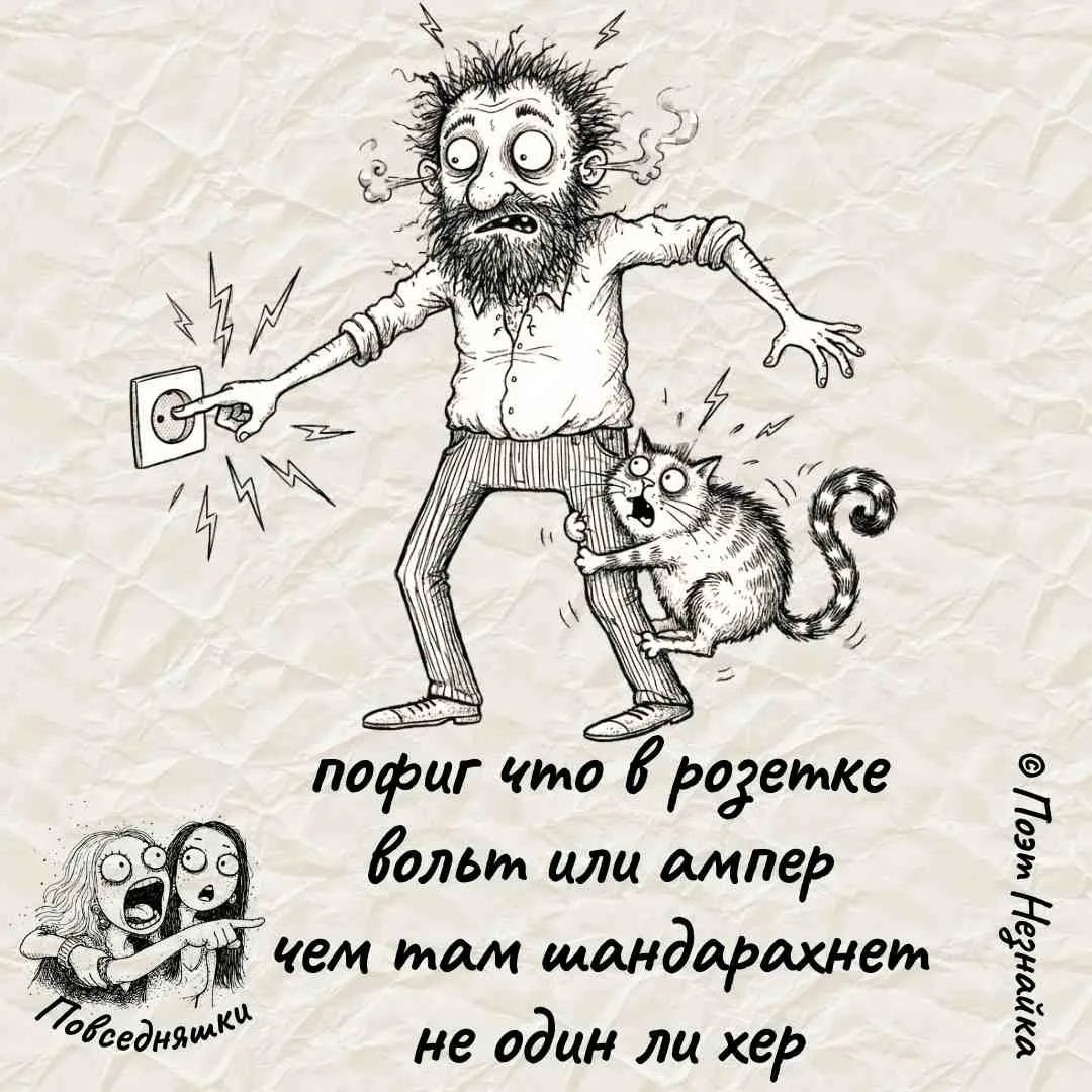 OCR-текст может быть не полностью точным. Возможная интерпретация: «пофиг что в розетке вольт или ампер чем там тандарахнет не один ли хер»