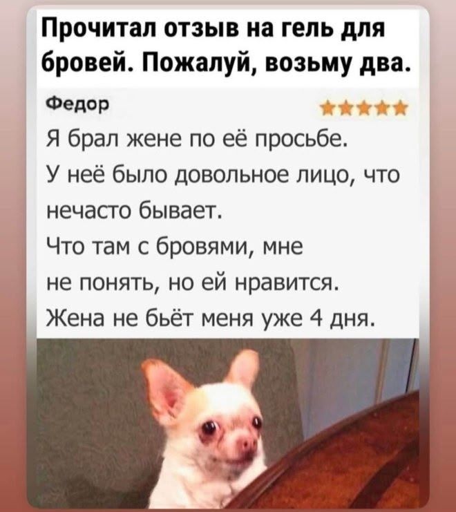 Прочитал отзыв на гель для бровей. Пожалуй, возьму два.
Федор
Я брал жене по её просьбе.
У неё было довольно лицо, что нечасто бывает.
Что там с бровями, мне не понять, но ей нравится.
Жена не бьёт меня уже 4 дня.