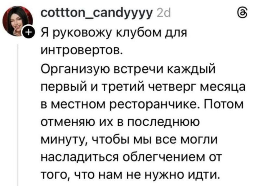 Я руковожу клубом для интровертов. Организую встречи каждый первый и третий четверг месяца в местном ресторанчике. Потом отменяю их в последнюю минуту, чтобы мы все могли насладиться облегчением от того, что нам не нужно идти.