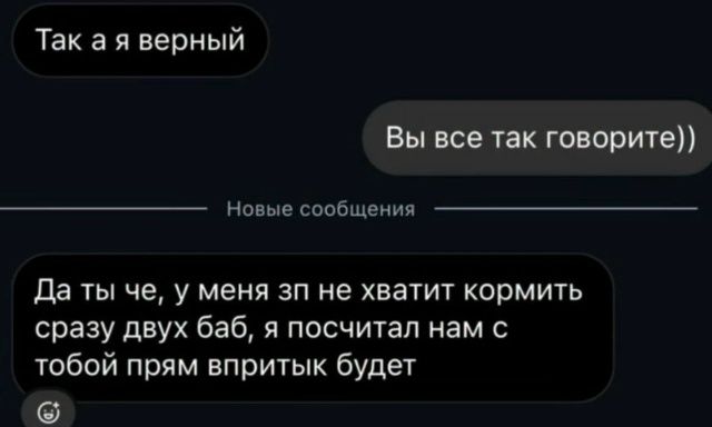 Так а я верный\nВы все так говорите))\nДа ты че, у меня зп не хватит кормить сразу двух баб, я посчитал нам с тобой прям вприлип будет