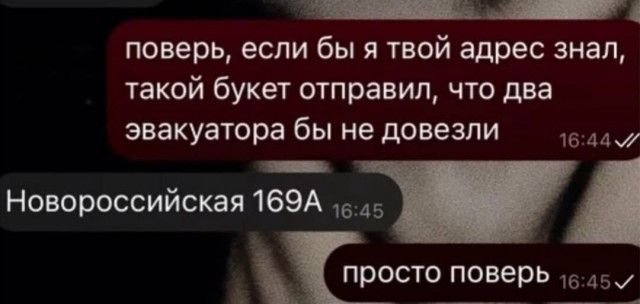 поверь, если бы я твой адрес знал, такой букет отправил, что два эвакуатора бы не довезли
Новосибирская 169А
просто поверь