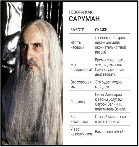Говори как Саруман. Вместо: Что ты несешь? Скажи: Любовь к полуросликам затмила окончательно твой разум? Вместо: Мы опаздываем! Скажи: Времени меньше, чем ты думаешь. Саурон уже начал действовать. Вместо: Это хорошая мысль. Скажи: Это будет мудро, мой друг. Вместо: Я помогу. Скажи: Силы Изенгарда к твоим услугам, Саурон Великий, повелитель Земли. В