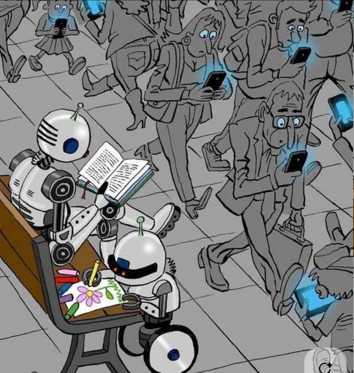 Робот читает книгу, пока другой робот рисует цветок. Вокруг них люди идут, уткнувшись в телефоны.