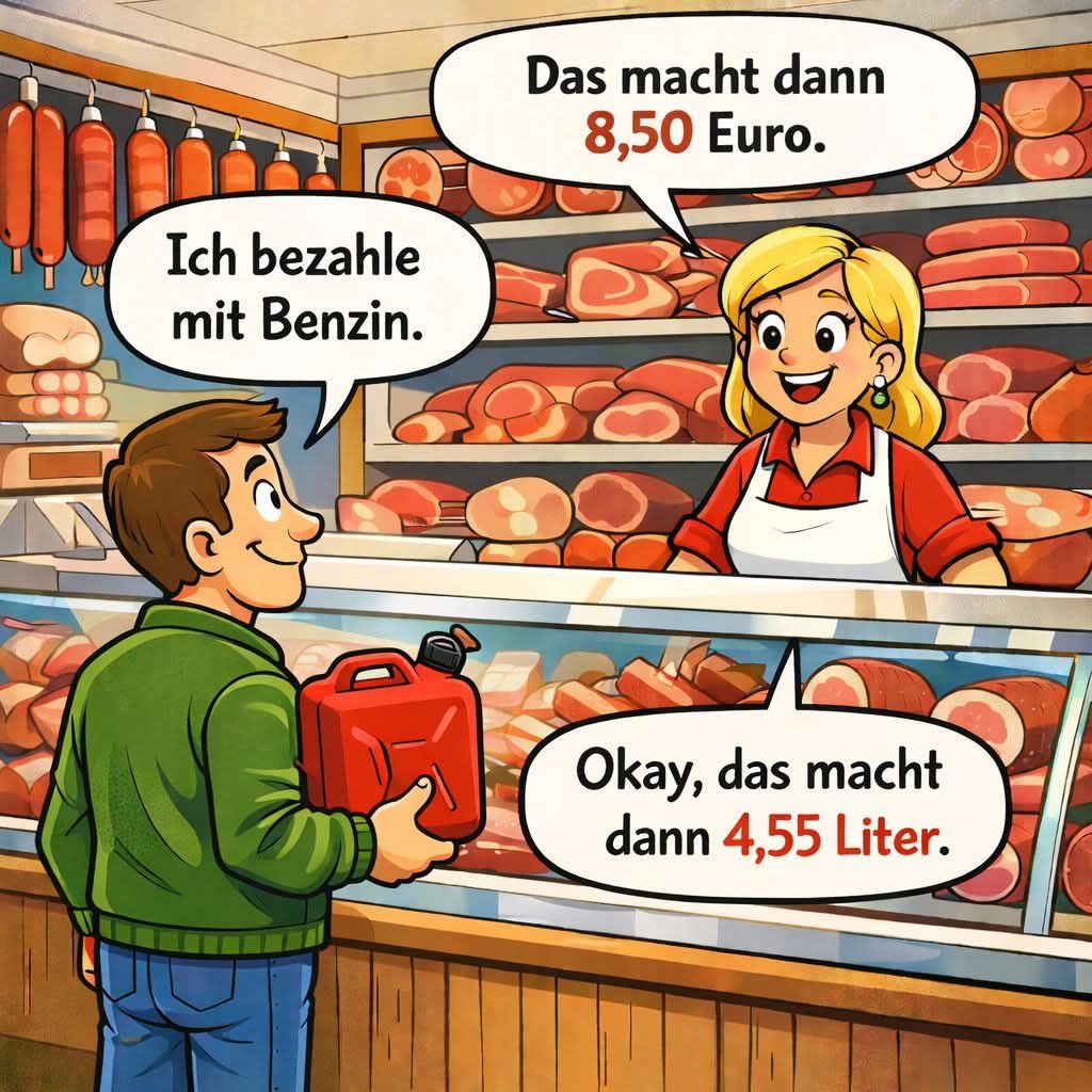 Ich bezahle mit Benzin. Das macht dann 8,50 Euro. Okay, das macht dann 4,55 Liter.