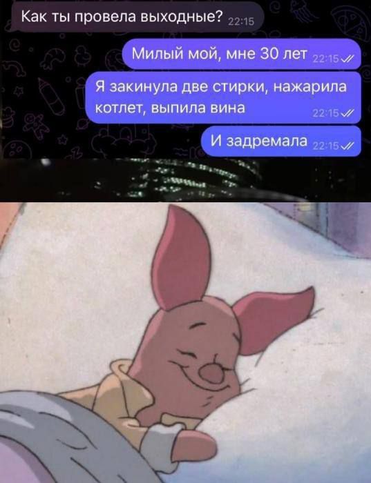 Как ты провела выходные? Милый мой, мне 30 лет. Я закинула две стирки, наЖарила котлет, выпила вина. И задремала.