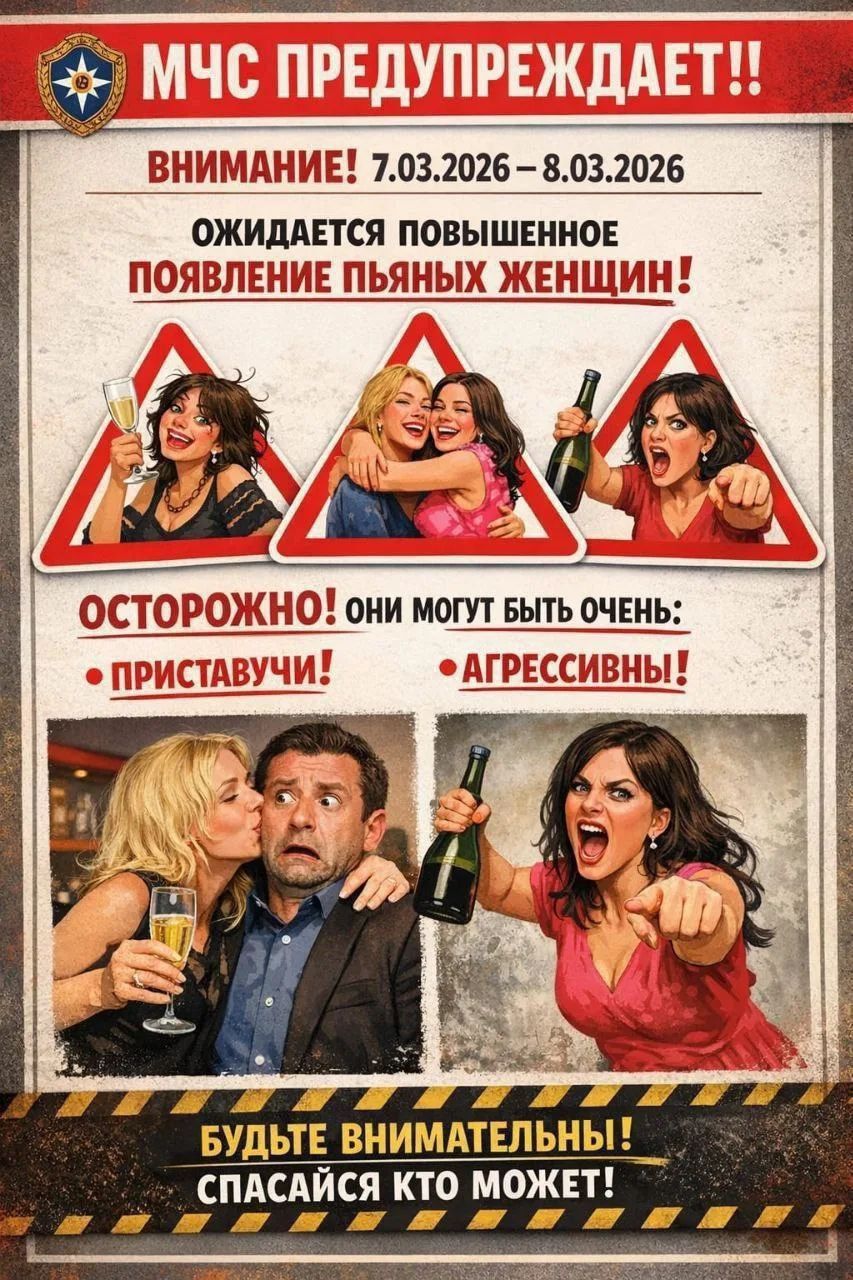 МЧС ПРЕДУПРЕЖДАЕТ!! ВНИМАНИЕ! 7.03.2026 – 8.03.2026 ОЖИДАЕТСЯ ПОВЫШЕННОЕ ПОЯВЛЕНИЕ ПЬЯНЫХ ЖЕНЩИН! ОСТОРОЖНО! ОНИ МОГУТ БЫТЬ ОЧЕНЬ: • ПРИСТАВУЧИ! • АГРЕССИВНЫ! БУДЬТЕ ВНИМАТЕЛЬНЫ! СПАСАЙСЯ КТО МОЖЕТ!