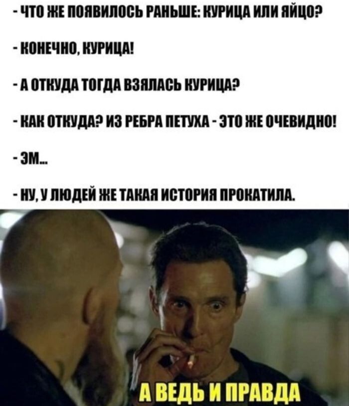 - Что же появилось раньше: курица или яйцо?
- Конечно, курица!
- А откуда тогда взялась курица?
- Как откуда? Из ребра петуха - это же очевидно!
- Эм...
- Ну, у людей же такая история прокатила.
А ведь и правда