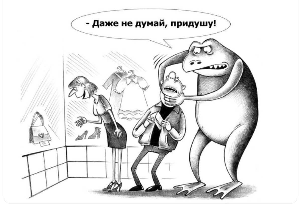 - Даже не думай, придушу!
Карикатура на тему шопинга.