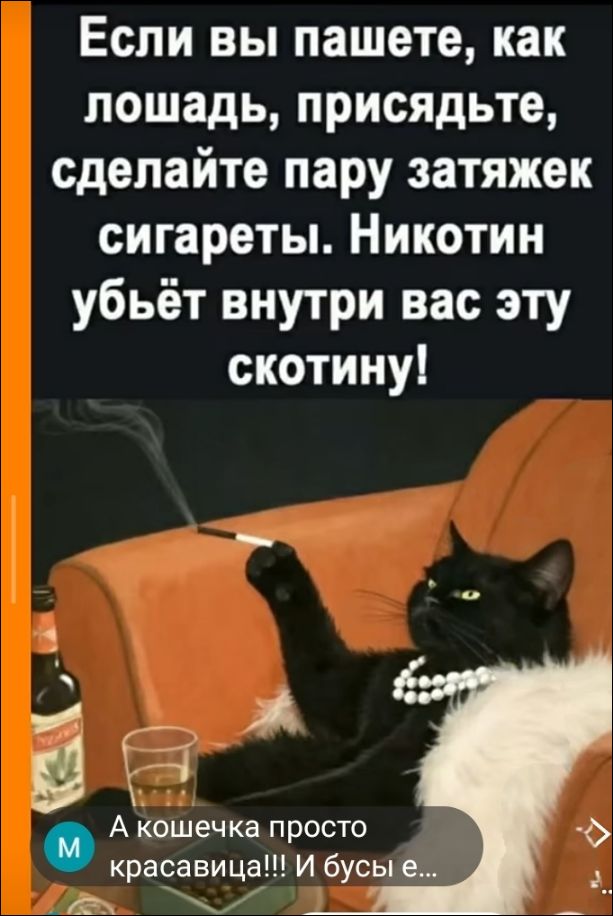 Если вы пашете, как лошадь, присядьте, сделайте пару затяжек сигареты. Никотин убьёт внутри вас эту скотину!
А кошечка просто красавица!!! И бусы е...