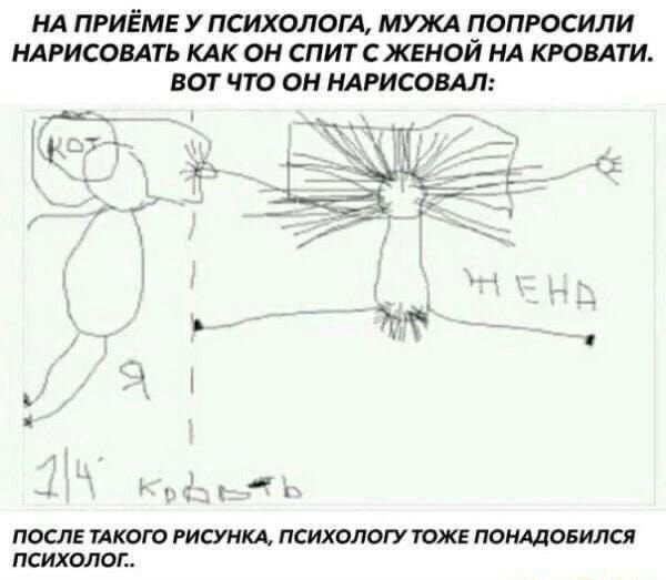 НА ПРИЁМЕ У ПСИХОЛОГА, МУЖА ПОПРОСИЛИ НАРИСОВАТЬ КАК ОН СПИТ С ЖЕНОЙ НА КРОВАТИ. ВОТ ЧТО ОН НАРИСОВАЛ:
КОТ
Я
1/4 кровать
ЖЕНА
ПОСЛЕ ТАКОГО РИСУНКА, ПСИХОЛОГУ ТОЖЕ ПОНАДОБИЛСЯ ПСИХОЛОГ.
