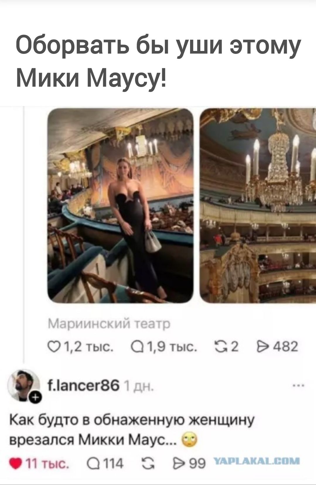 Оборвать бы уши этому Мики Маусу!
Мариинский театр
Как будто в обнаженную женщину врезался Микки Маус...