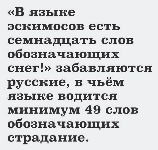 «В языке эскимосов есть семнадцать слов обозначающих снег!» забавляются русские, в чьём языке водится минимум 49 слов обозначающих страдание.