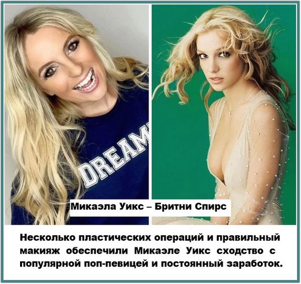Микаэла Уикс – Бритни Спирс. Несколько пластических операций и правильный макияж обеспечили Микаэле Уикс сходство с популярной поп-певицей и постоянный заработок.