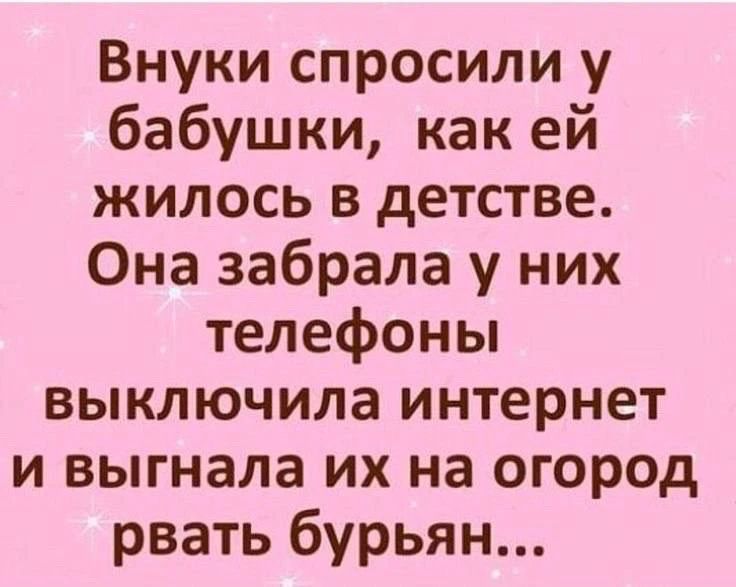 Внуки спросили у бабушки, как ей жилось в детстве. Она забрала у них телефоны, выключила интернет и выгнала их на огород рвать бурьян...