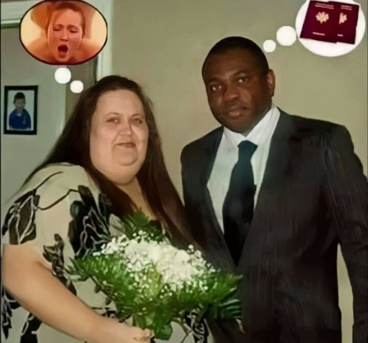 На изображении пара на свадьбе. Женщина держит букет. Над головой женщины облачко с изображением сексуальной сцены. Над головой мужчины облачко с изображением двух паспортов.