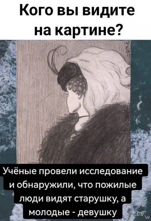 Кого вы видите на картине? Учёные провели исследование и обнаружили, что пожилые люди видят старушку, а молодые - девушку