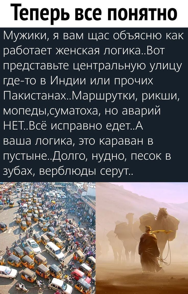 Теперь все понятно. Мужики, я вам щас объясню как работает женская логика.. Вот представьте центральную улицу где-то в Индии или прочих Пакистанах.. Маршрутки, рикши, мопеды, суматоха, но аварий НЕТ.. Всё исправно едет.. А ваша логика, это караван в пустыне.. Долго, нудно, песок в зубах, верблюды серут..