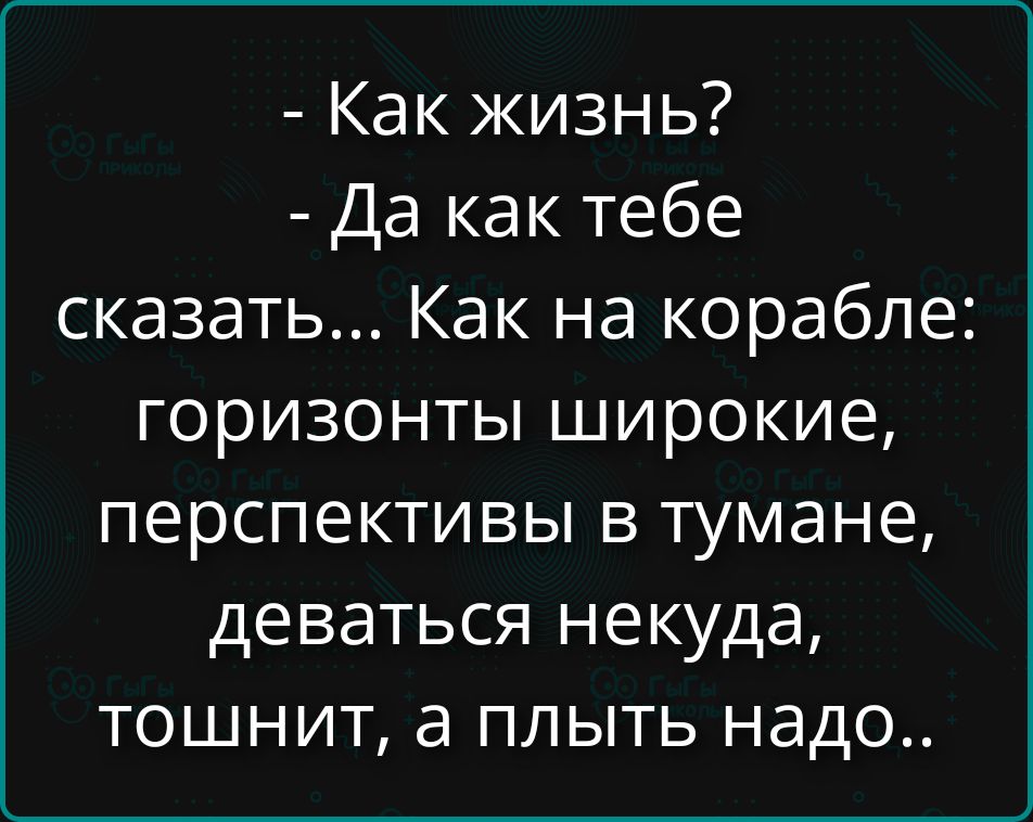 - Как жизнь?
- Да как тебе сказать... Как на корабле:
горизонты широкие,
перспективы в тумане,
деваться некуда,
тошнит, а плыть надо..