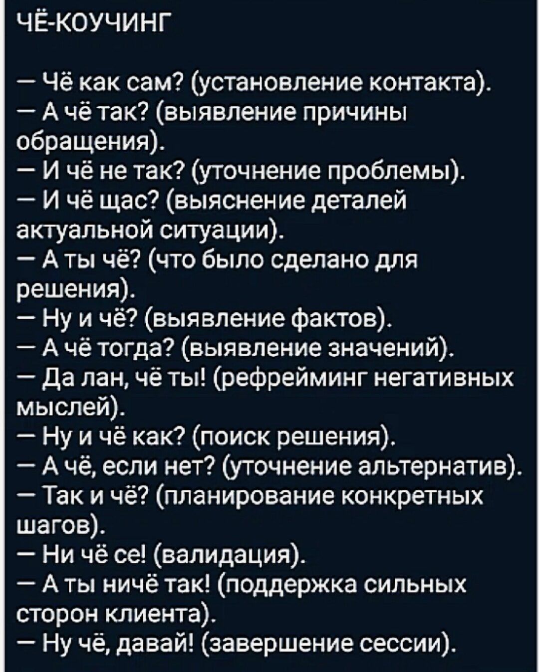 ЧЁ-КОУЧИНГ
— Чё как сам? (установление контакта).
— А чё так? (выявление причины обращения).
— И чё не так? (уточнение проблемы).
— И чё щас? (выяснение деталей актуальной ситуации).
— А ты чё? (что было сделано для решения).
— Ну и чё? (выявление фактов).
— А чё тогда? (выявление значений).
— Да лан, чё ты! (рефрейминг негативных мыслей).
— Ну и ч