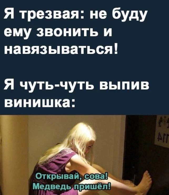 Я трезвая: не буду ему звонить и навязываться! Я чуть-чуть выпив винишка: Открывай, сова! Медведь пришёл!