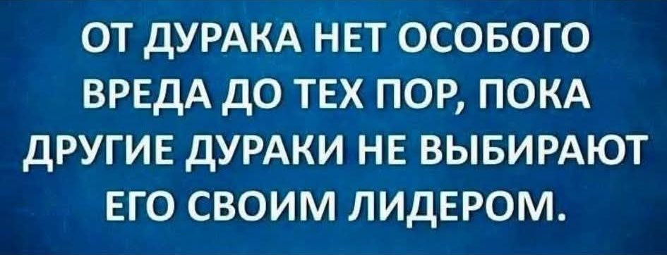 ОТ ДУРАКА НЕТ ОСОБОГО ВРЕДА ДО ТЕХ ПОР, ПОКА ДРУГИЕ ДУРАКИ НЕ ВЫБИРАЮТ ЕГО СВОИМ ЛИДЕРОМ.