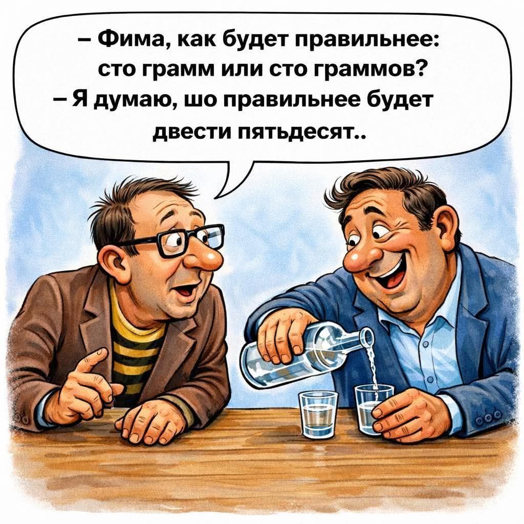 – Фима, как будет правильнее: сто грамм или сто граммов?
– Я думаю, шо правильнее будет двести пятьдесят..