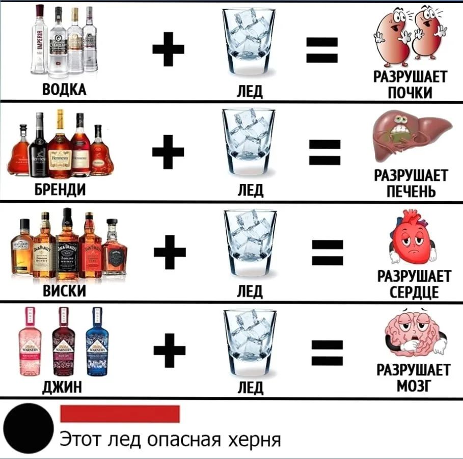 Водка + Лед = Разрушает почки. Бренди + Лед = Разрушает печень. Виски + Лед = Разрушает сердце. Джин + Лед = Разрушает мозг. Этот лед опасная херня.