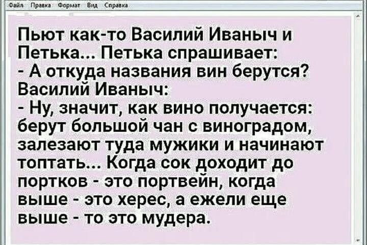 Пьют как-то Василий Иваныч и Петька... Петька спрашивает: - А откуда названия вин берутся? Василий Иваныч: - Ну, значит, как вино получается: берут большой чан с виноградом, залезают туда мужики и начинают топтать... Когда сок доходит до портков - это портвейн, когда выше - это херес, а ежели еще выше - то это мудера.