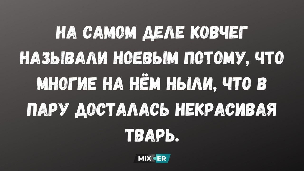 НА САМОМ ДЕЛЕ КОВЧЕГ НАЗЫВАЛИ НОЕВЫМ ПОТОМУ, ЧТО МНОГИЕ НА НЁМ НЫЛИ, ЧТО В ПАРУ ДОСТАЛАСЬ НЕКРАСИВАЯ ТВАРЬ.