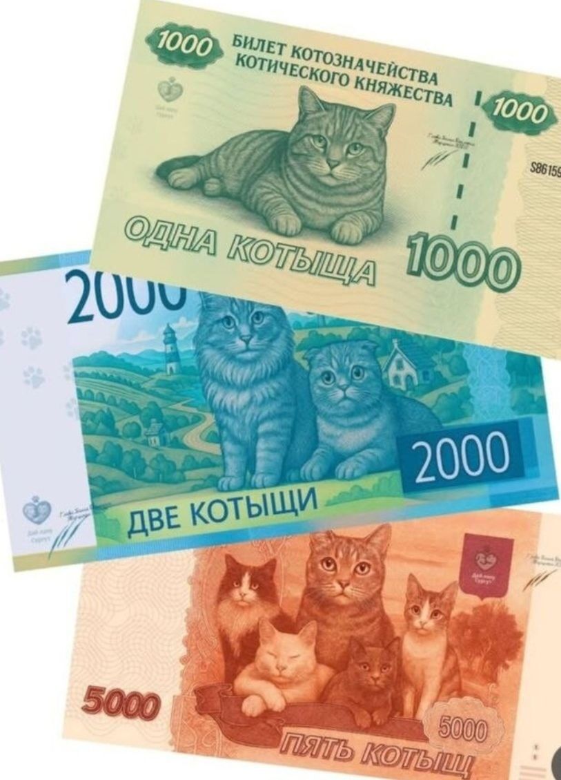 1000 БИЛЕТ КОТОЗНАЧЕЙСТВА КОТИЧЕСКОГО КНЯЖЕСТВА 1000 ОДНА КОТЫЩА 2000 ДВЕ КОТЫЩИ 5000 ПЯТЬ КОТЫЩ