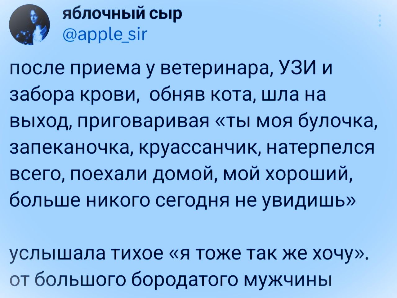 после приема у ветеринара, УЗИ и забора крови, обняв кота, шла на выход, приговаривая «ты моя булочка, запеканочка, круассанчик, натерпелся всего, поехали домой, мой хороший, больше никого сегодня не увидишь» услышала тихое «я тоже так же хочу». от большого бородатого мужчины