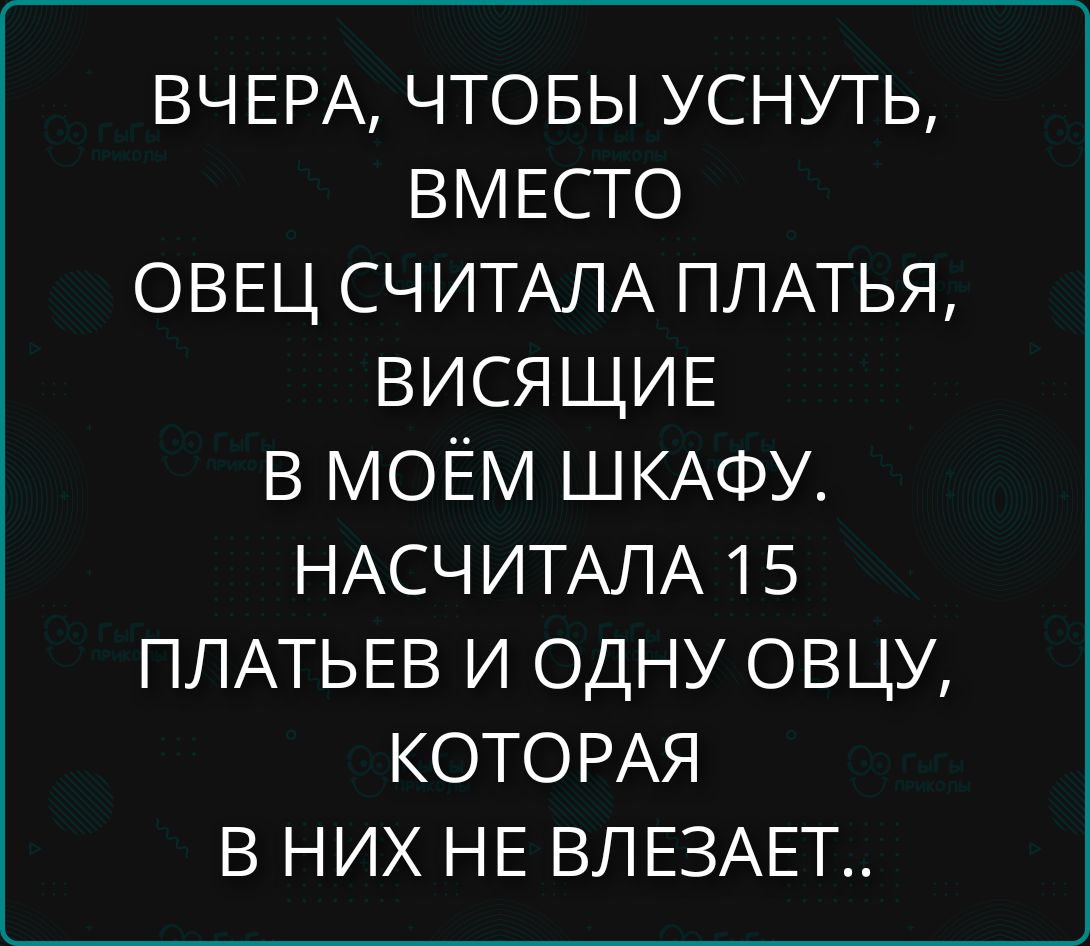 ВЧЕРА, ЧТОБЫ УСНУТЬ, ВМЕСТО ОВЕЦ СЧИТАЛА ПЛАТЬЯ, ВИСЯЩИЕ В МОЁМ ШКАФУ. НАСЧИТАЛА 15 ПЛАТЬЕВ И ОДНУ ОВЦУ, КОТОРАЯ В НИХ НЕ ВЛЕЗАЕТ..