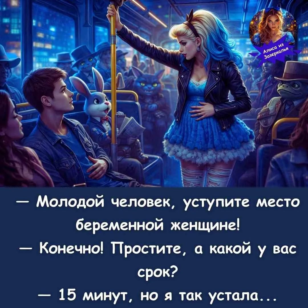 Молодой человек, уступите место беременной женщине! Конечно! Простите, а какой у вас срок? 15 минут, но я так устала... Алиса из Зазеркалья