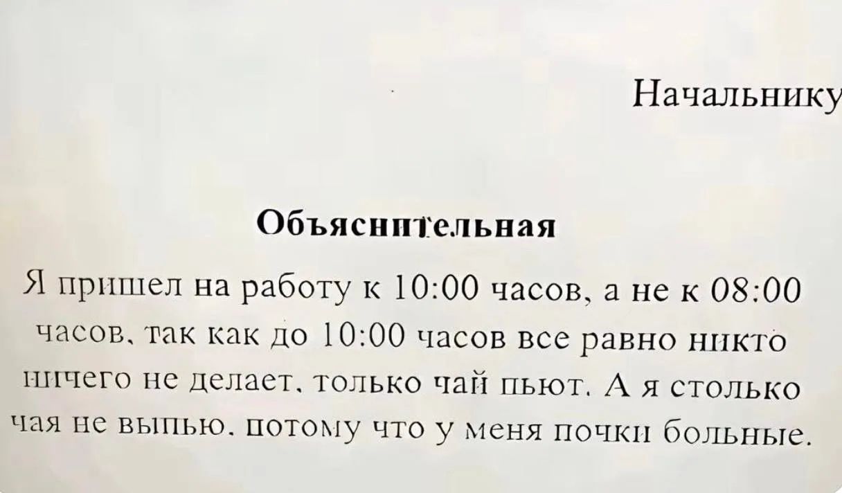 Начальнику
Объяснительная
Я пришел на работу к 10:00 часов, а не к 08:00 часов, так как до 10:00 часов все равно никто ничего не делает, только чай пьют. А я столько чая не выпью. потому что у меня почки больные.
