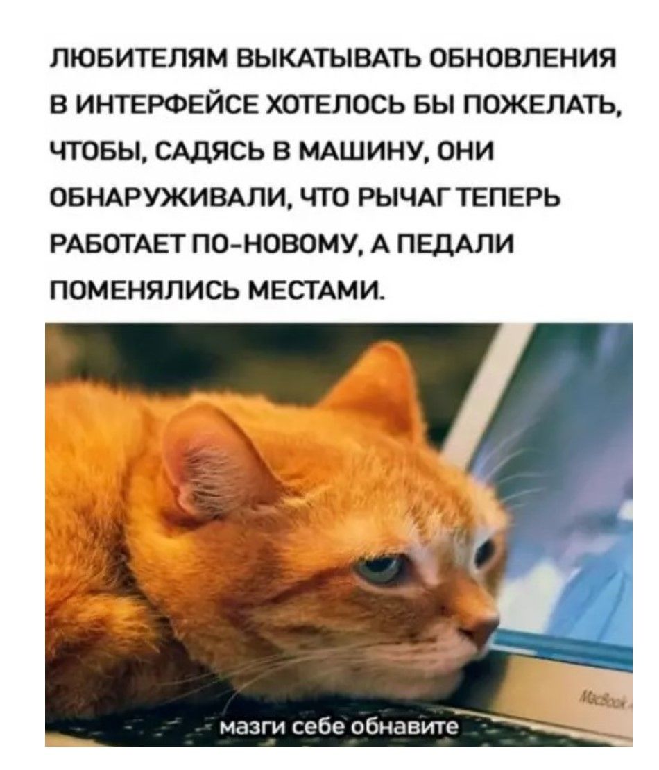 ЛЮБИТЕЛЯМ ВЫКАТЫВАТЬ ОБНОВЛЕНИЯ В ИНТЕРФЕЙСЕ ХОТЕЛОСЬ БЫ ПОЖЕЛАТЬ, ЧТОБЫ, САДЯСЬ В МАШИНУ, ОНИ ОБНАРУЖИВАЛИ, ЧТО РЫЧАГ ТЕПЕРЬ РАБОТАЕТ ПО-НОВОМУ, А ПЕДАЛИ ПОМЕНЯЛИСЬ МЕСТАМИ. мазги себе обновите