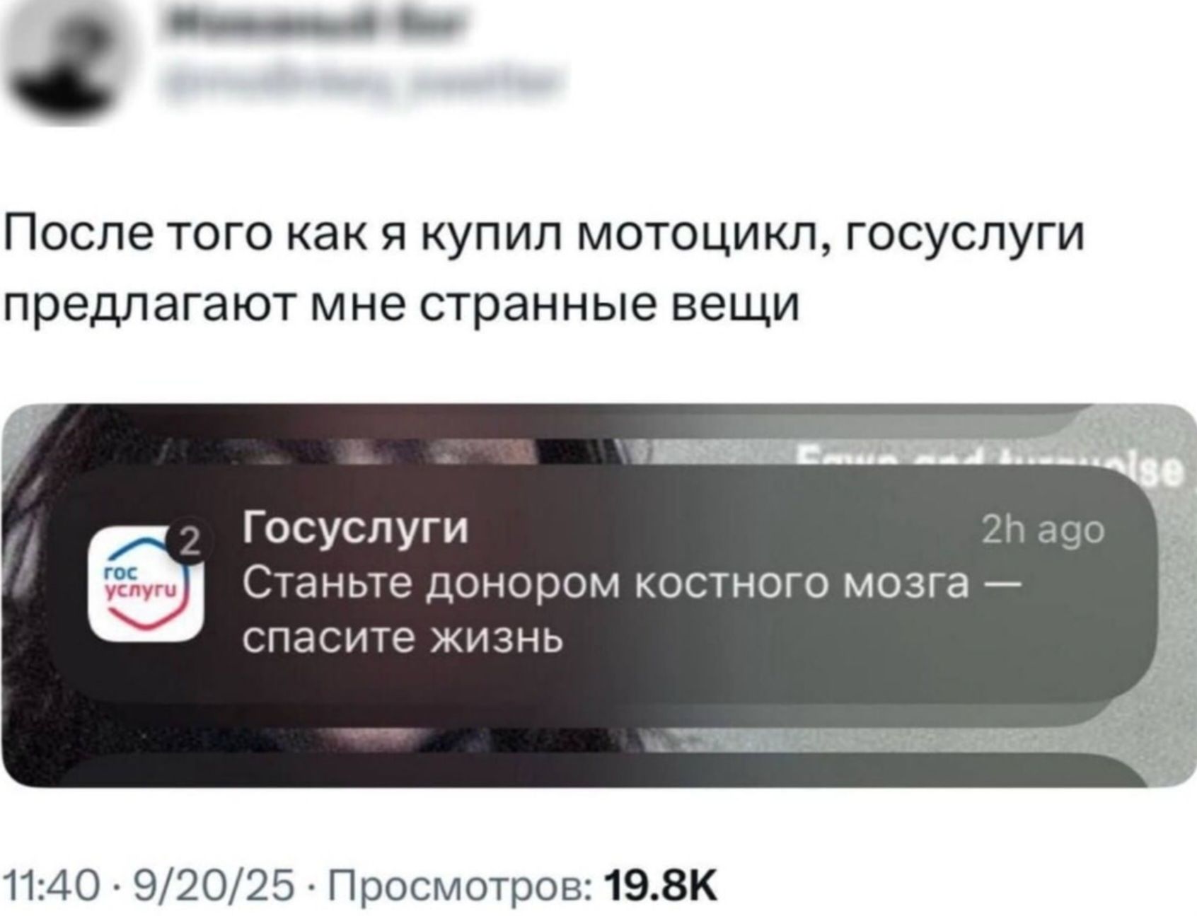 После того как я купил мотоцикл, госуслуги предлагают мне странные вещи. Госуслуги. Станьте донором костного мозга — спасите жизнь.