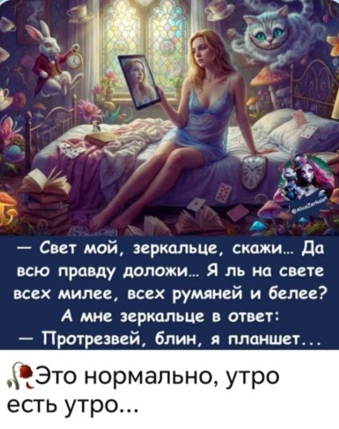 Свет мой, зеркальце, скажи... Да всю правду доложи... Я ль на свете всех милее, всех румяней и белее? А мне зеркальце в ответ: — Протрезвей, блин, я планшет... Это нормально, утро есть утро...