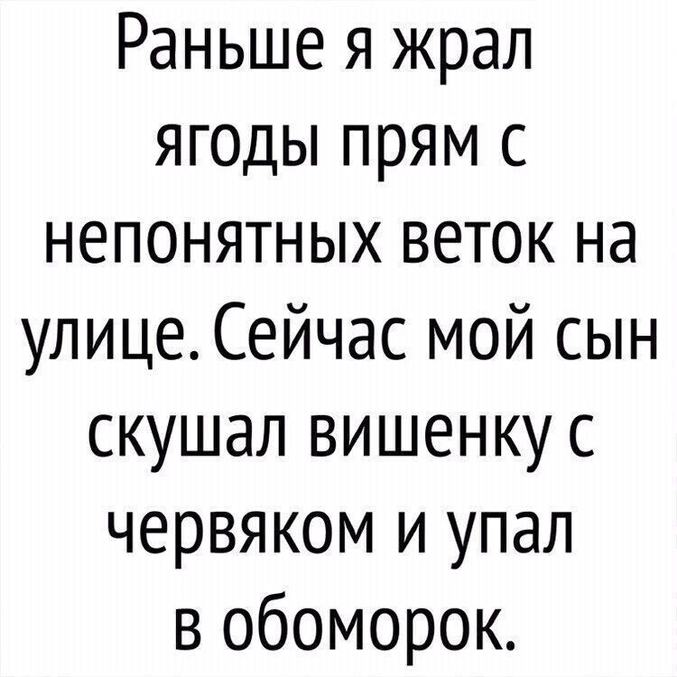 Раньше я жрал ягоды прям с непонятных веток на улице. Сейчас мой сын скушал вишенку с червяком и упал в обморок.