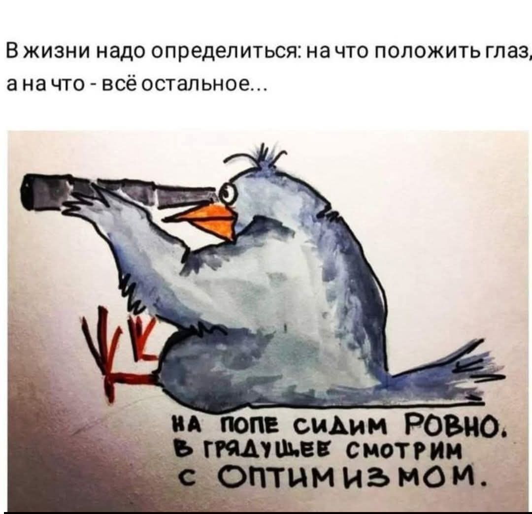 В жизни надо определиться: на что положить глаз, а на что - всё остальное...
НА ПОПЕ СИДИМ РОВНО. В ГРЯДУЩЕЕ СМОТРИМ С ОПТИМИЗМОМ.
