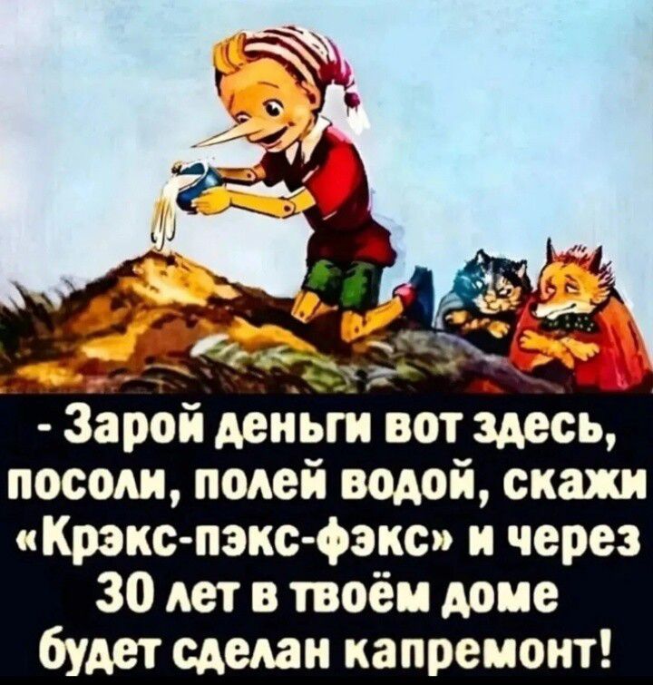 - Зарой деньги вот здесь, посоли, полей водой, скажи «Крэкс-пэкс-фэкс» и через 30 лет в твоём доме будет сделан капремонт!