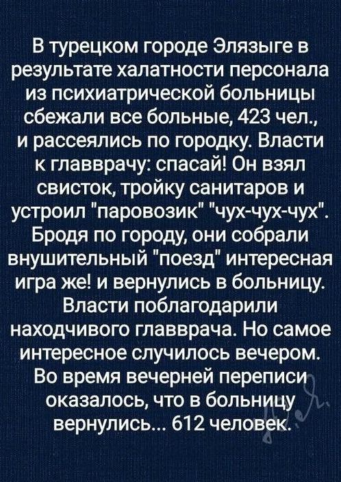 В турецком городе Элязыге в результате халатности персонала из психиатрической больницы сбежали все больные, 423 чел., и рассеялись по городку. Власти к главврачу: спасай! Он взял свисток, тройку санитаров и устроил 