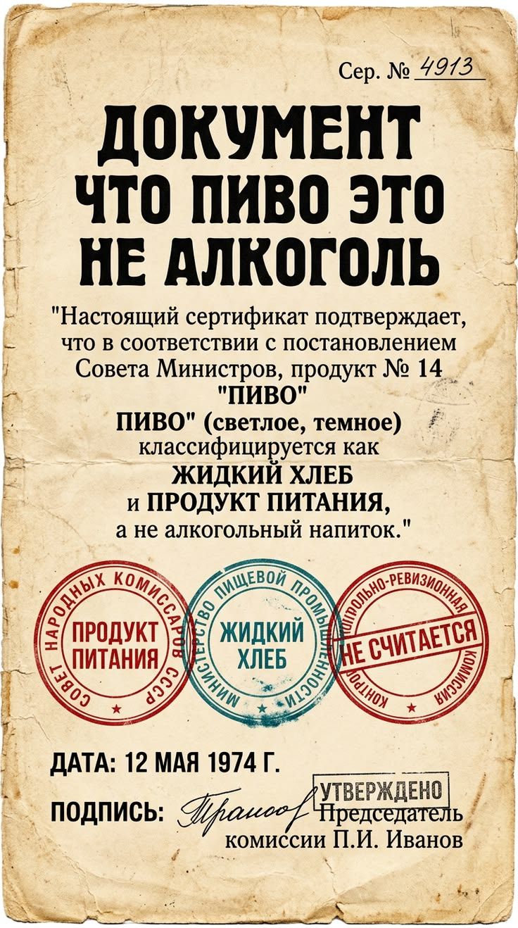 Сер. № 4913 ДОКУМЕНТ ЧТО ПИВО ЭТО НЕ АЛКОГОЛЬ 