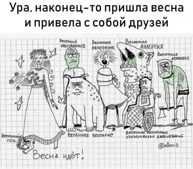 Ура, наконец-то пришла весна и привела с собой друзей. Весенний авитаминоз. Весеннее обострение. Весенняя аллергия. Весенняя депрессия. Весенний гон. Весеннее бессилие. Весеннее обострение хронических заболеваний. Весна идёт!