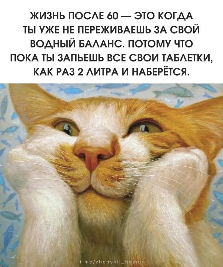 ЖИЗНЬ ПОСЛЕ 60 — ЭТО КОГДА ТЫ УЖЕ НЕ ПЕРЕЖИВАЕШЬ ЗА СВОЙ ВОДНЫЙ БАЛАНС. ПОТОМУ ЧТО ПОКА ТЫ ЗАПЬЕШЬ ВСЕ СВОИ ТАБЛЕТКИ, КАК РАЗ 2 ЛИТРА И НАБЕРЁТСЯ. t.me/zhenskij_humor