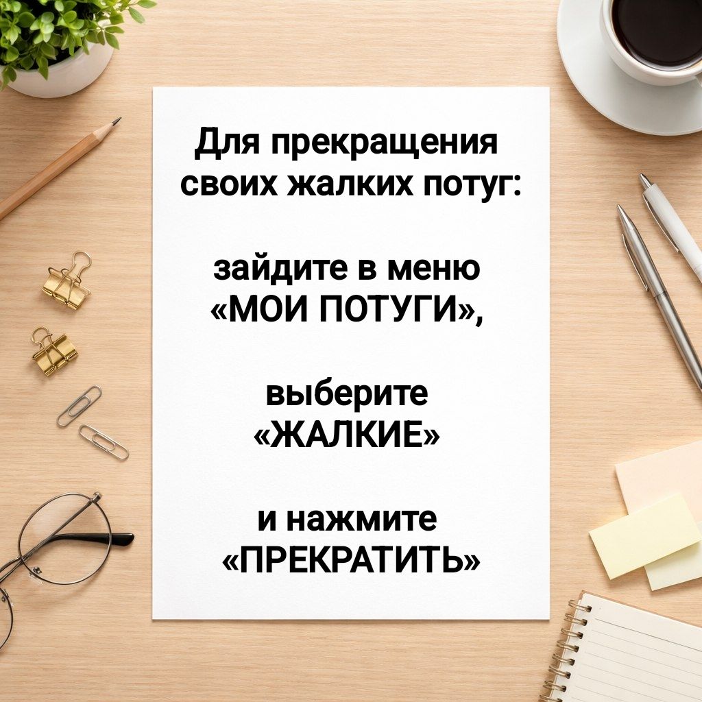 Для прекращения своих жалких потуг: зайдите в меню «МОИ ПОТУГИ», выберите «ЖАЛКИЕ» и нажмите «ПРЕКРАТИТЬ»