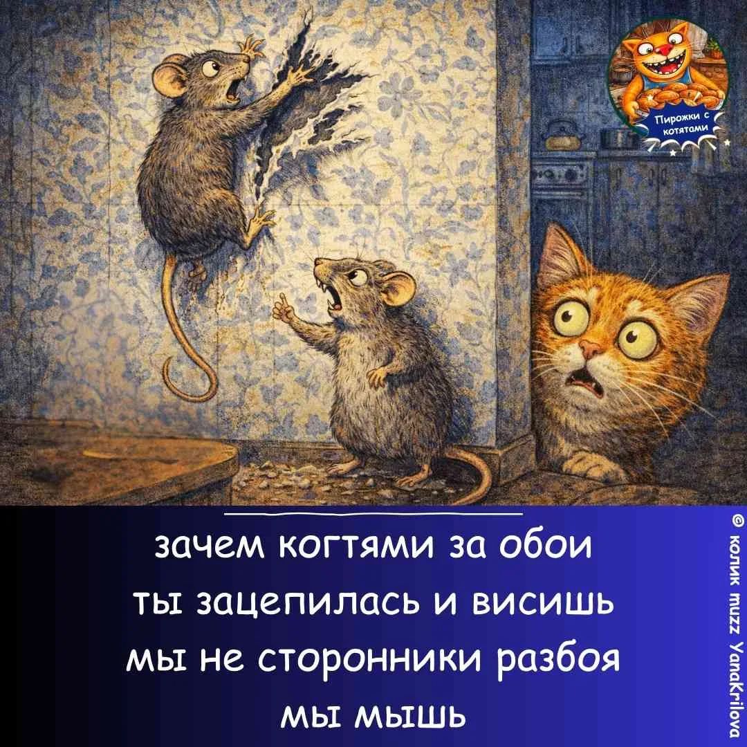 зачем когтями за обои ты зацепилась и висишь мы не сторонники разбоя мы мышь Пирожки с котятами