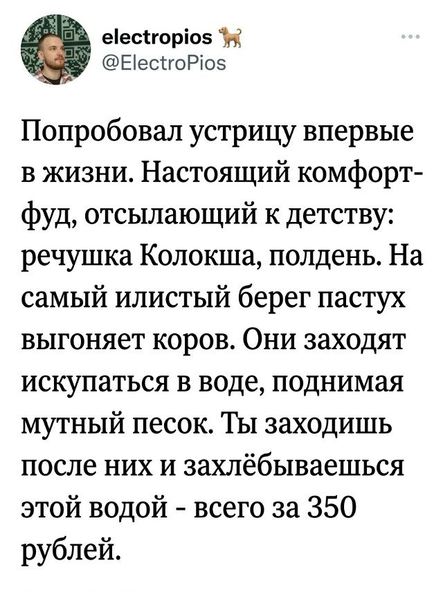 Попробовал устрицу впервые в жизни. Настоящий комфорт-фуд, отсылающий к детству: речушка Колошка, полдень. На самый илистый берег пастух выгоняет коров. Они заходят искупаться в воде, поднимая мутный песок. Ты заходишь после них и захлёбываешься этой водой - всего за 350 рублей.